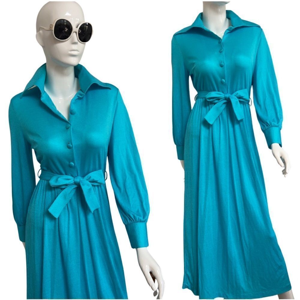 Chic 1970s Collared Button Up Tie Belted Maxi Dress with Cuffed Balloon Sleeves